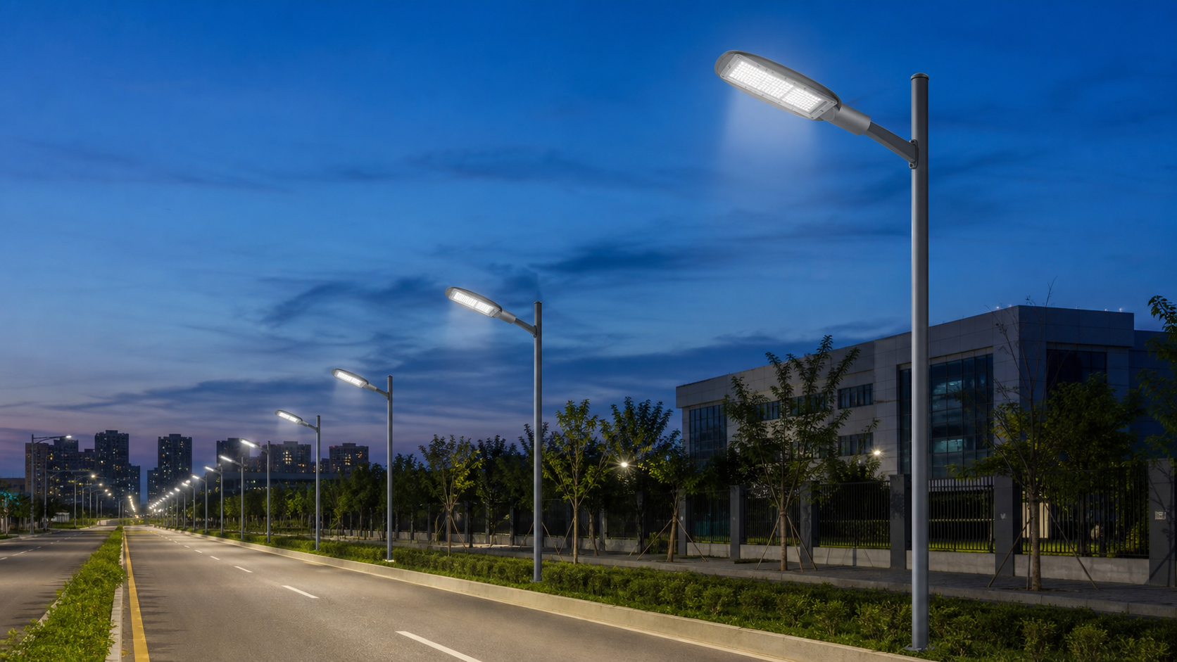 OD-015 LED street lights installed along an urban roadway at blue hour