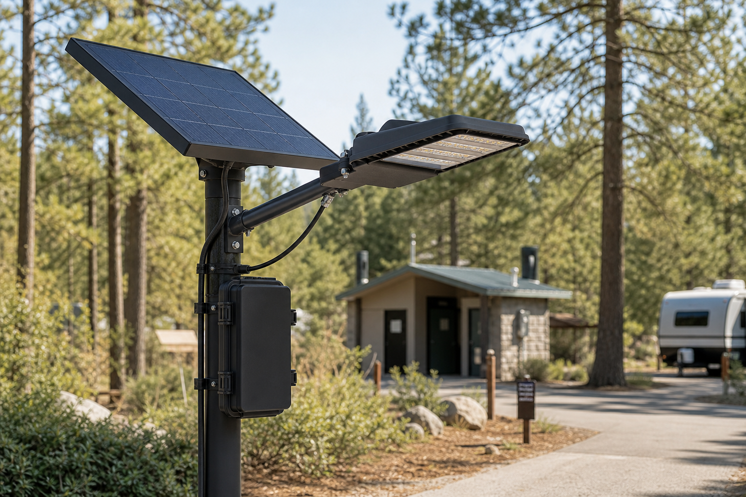 Shielded solar LED street light with panel battery and controller for a campground