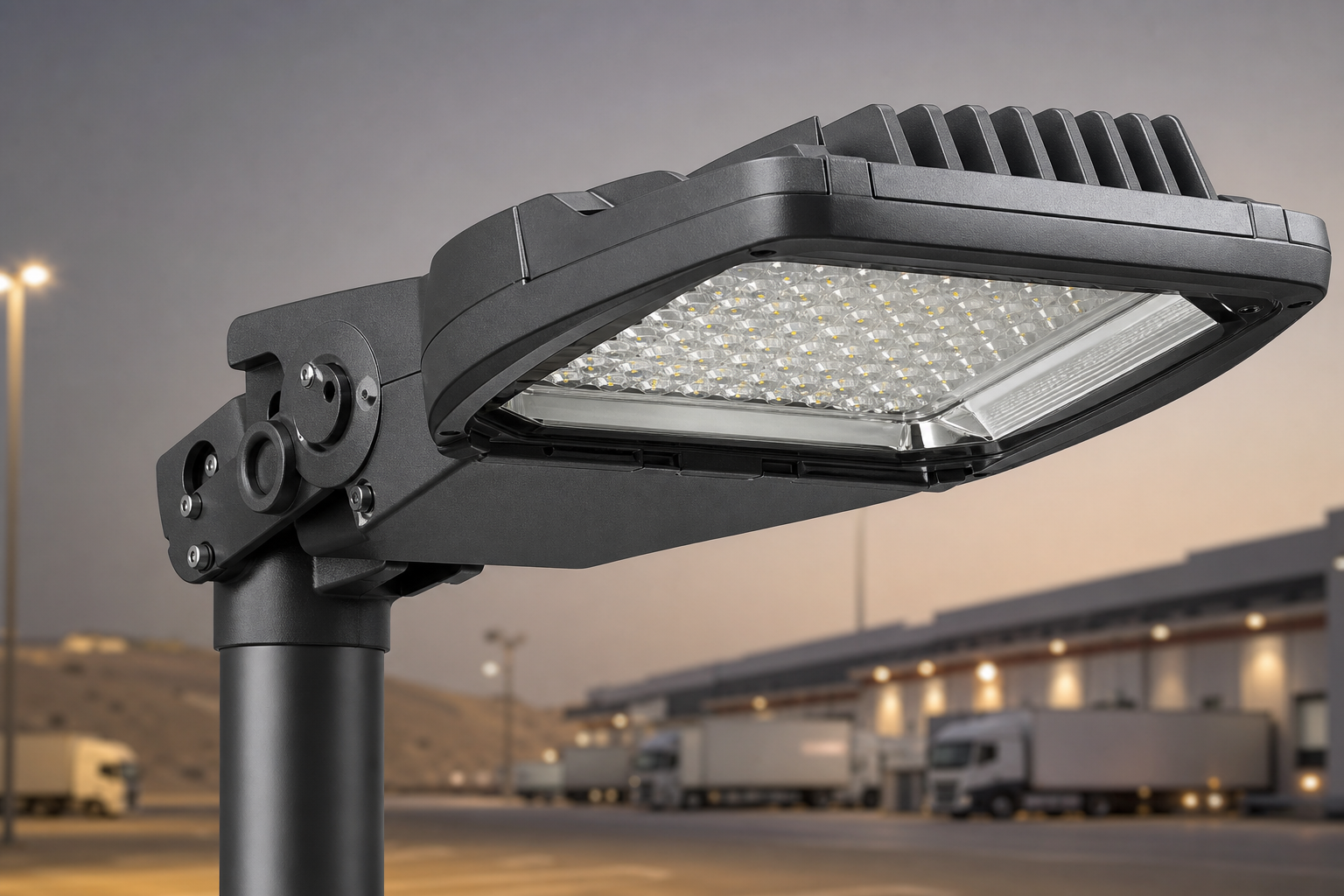 Factory direct LED area light with sealed housing optics heat sink and adjustable pole mount