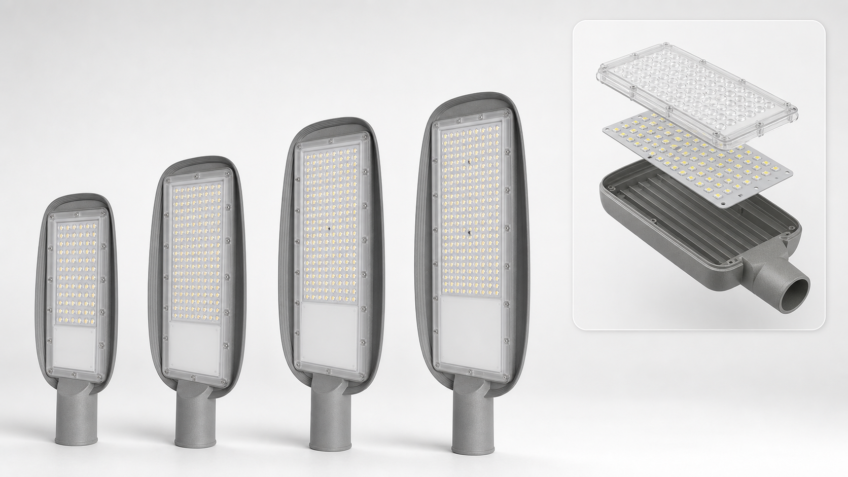 OD-015 LED street light family in four housing sizes with exploded optical components