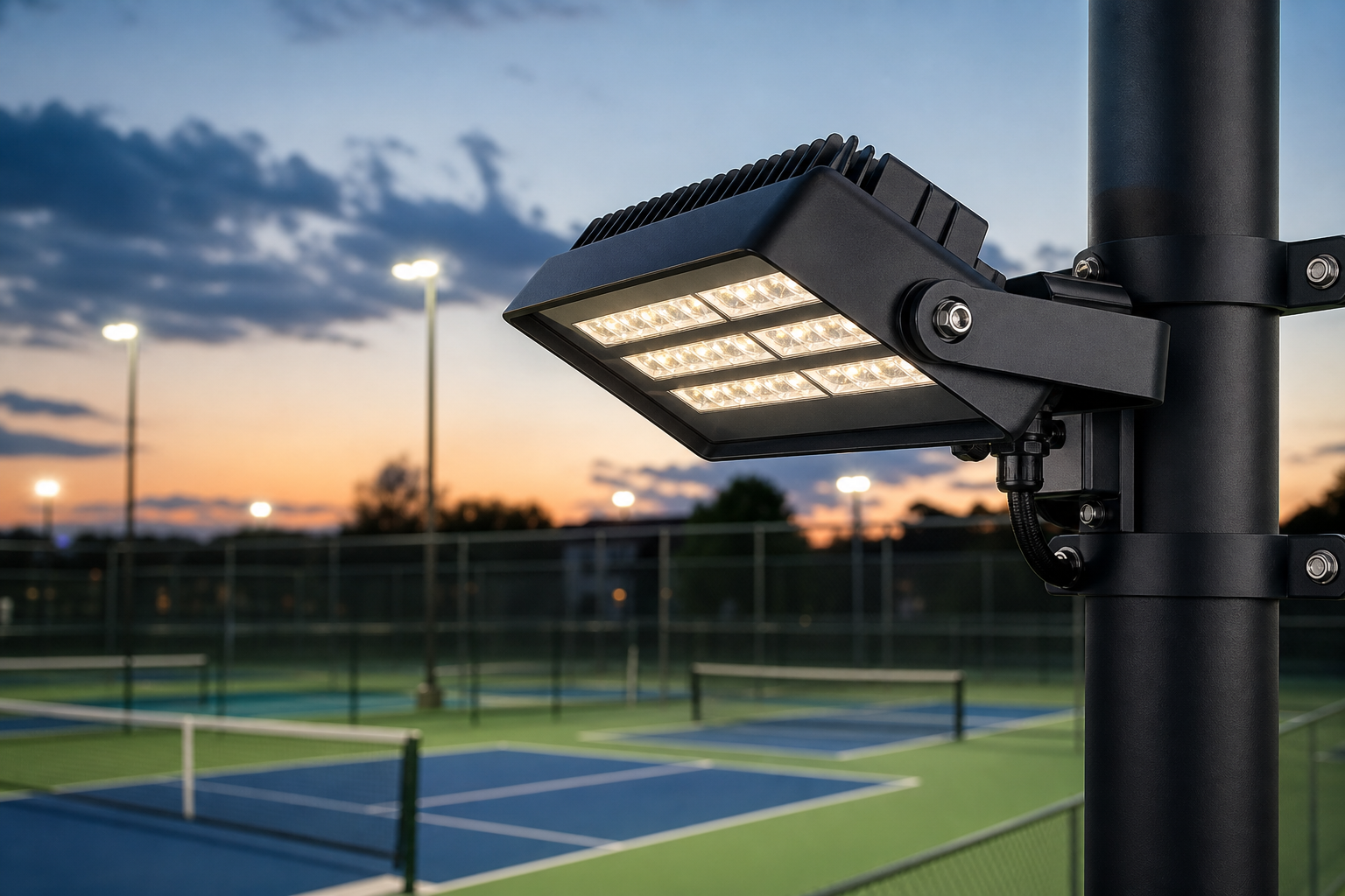 Shielded anti-glare LED sports light for an outdoor pickleball court