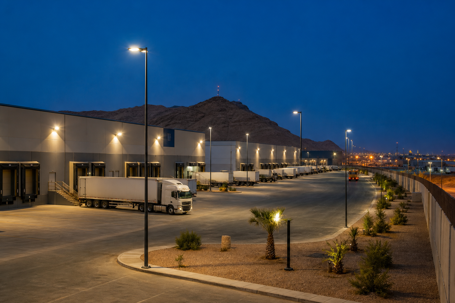 Factory direct LED area lights for a Saudi logistics yard and perimeter road