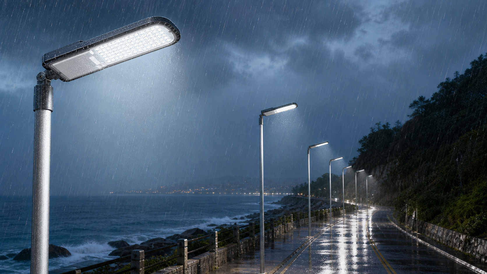OD-018 IP66 LED street lights illuminating a coastal road in heavy rain
