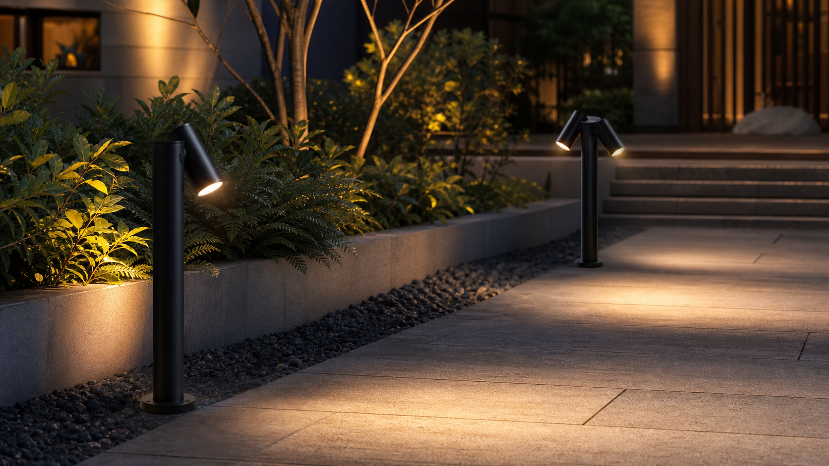 OD-032 rotatable LED bollard lights illuminating a garden path and planting