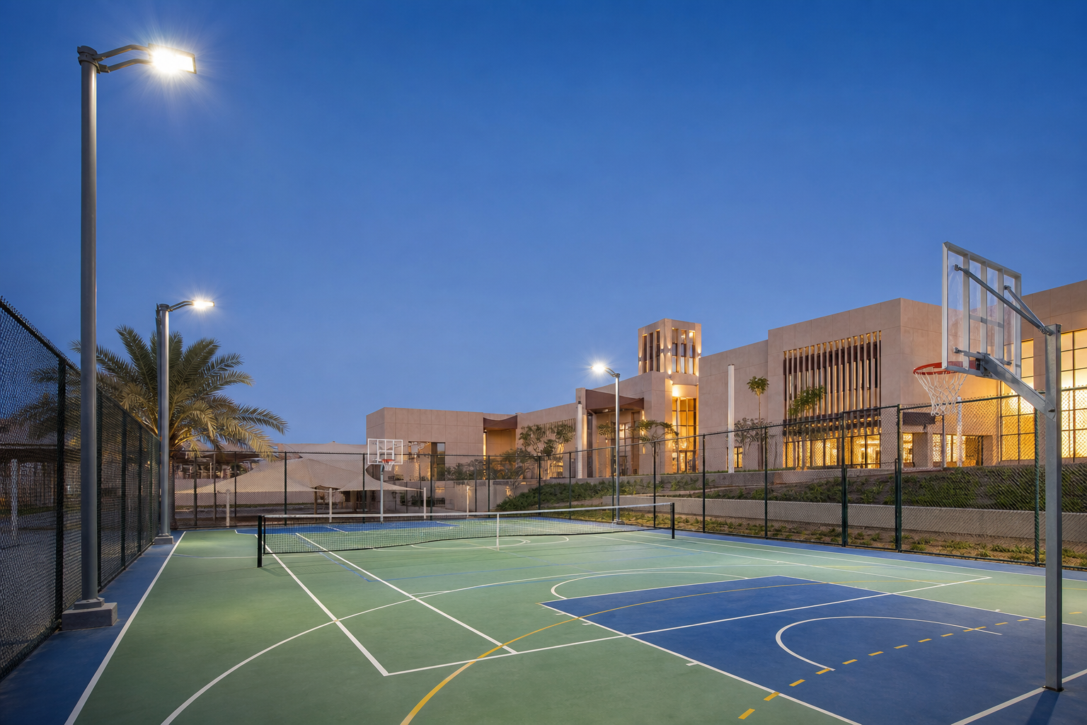 Anti-glare LED court lights for a UAE residential compound multi-sport court