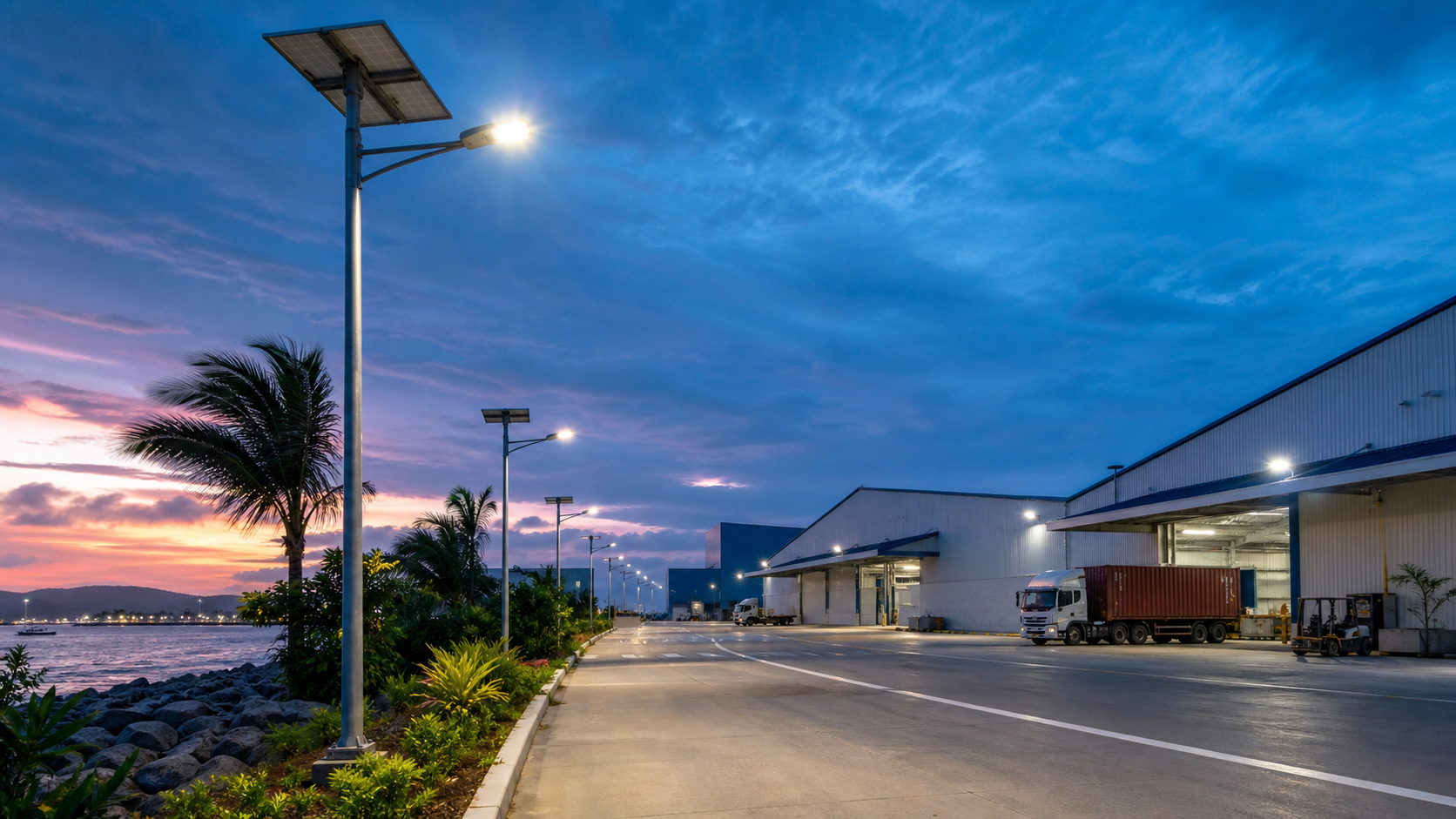 Integrated solar LED street light fixture with IP65 housing for tropical coastal projects