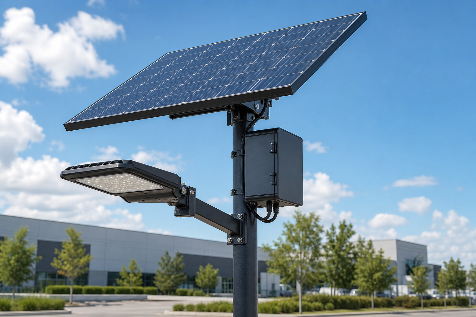 Solar LED parking lot light with pole panel battery and controlled optics