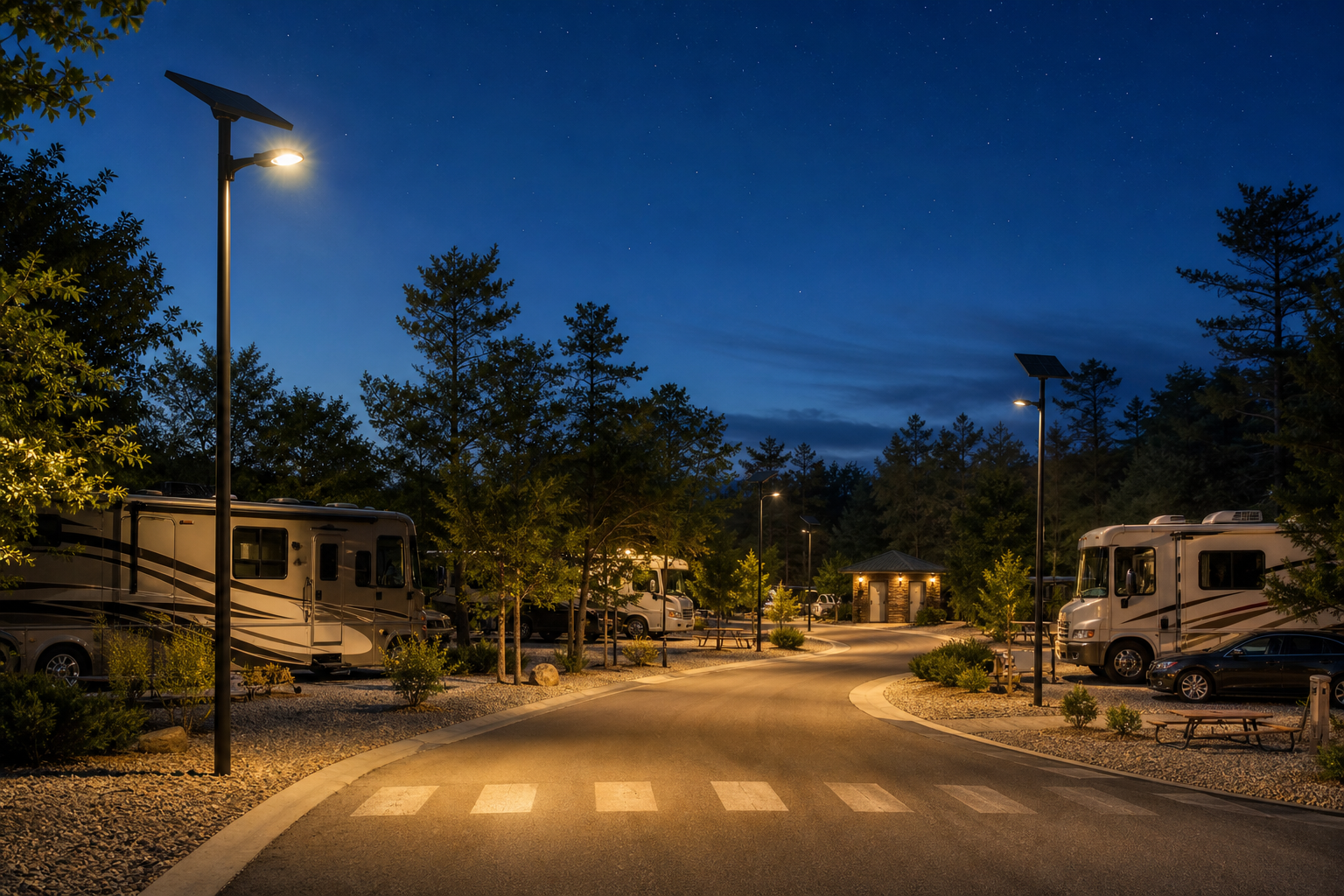 Solar street lights for RV parks along a low-glare U.S. campground road