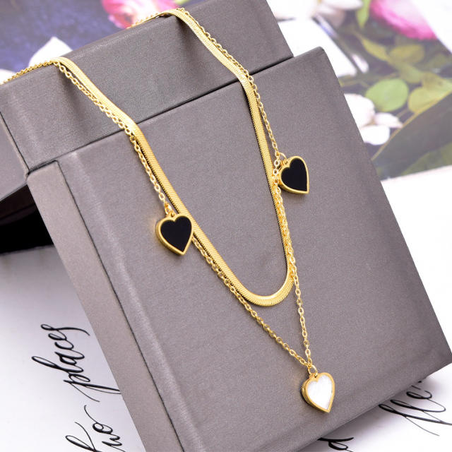 Korean fashion white black star heart two layer stainless steel necklace