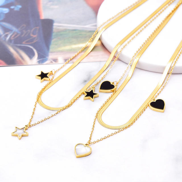 Korean fashion white black star heart two layer stainless steel necklace