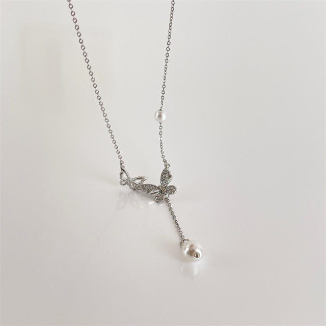 Pave setting butterfly dainty necklace