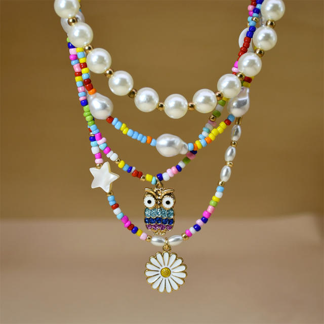 Korean fashion rhinestone owl flower pendant seed beads pearl necklace