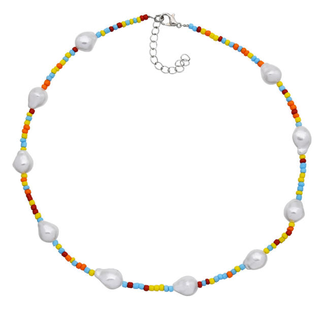 Korean fashion rhinestone owl flower pendant seed beads pearl necklace