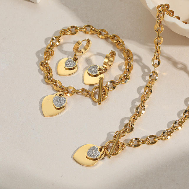 18KG stainless steel chain heart pendant toggle necklace bracelet earrings