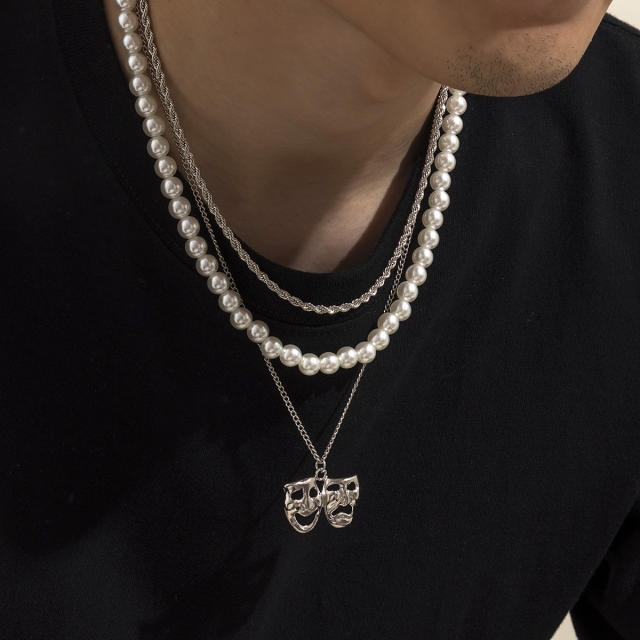 Faux pearl chain three layer mask pendant mens necklace set