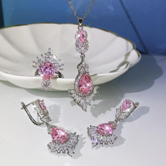Pink color cubic zircon drop shape luxury bridal jewelry set