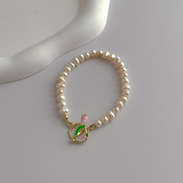 Enamel tulip toggle water pearl beaded necklace bracelet