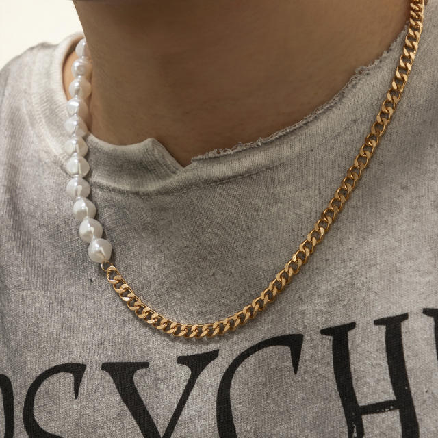 Hiphop pearl beads metal chain patchwork mens necklace