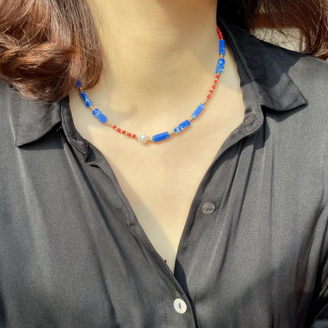 Boho blue color semi jewel pearl bead choker necklace