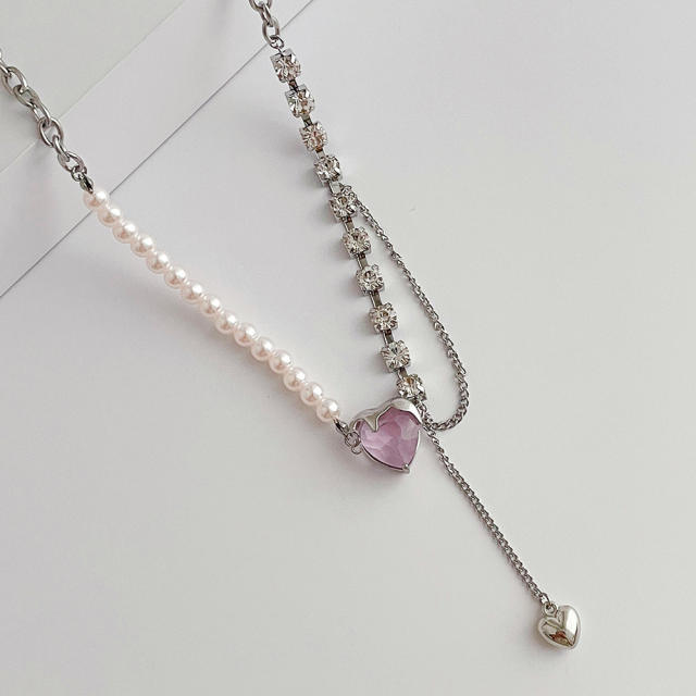 Fashion Pearl Pink purple loving heart zircon necklace