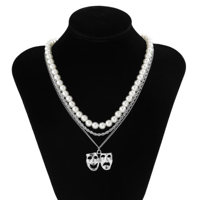 Faux pearl chain three layer mask pendant mens necklace set