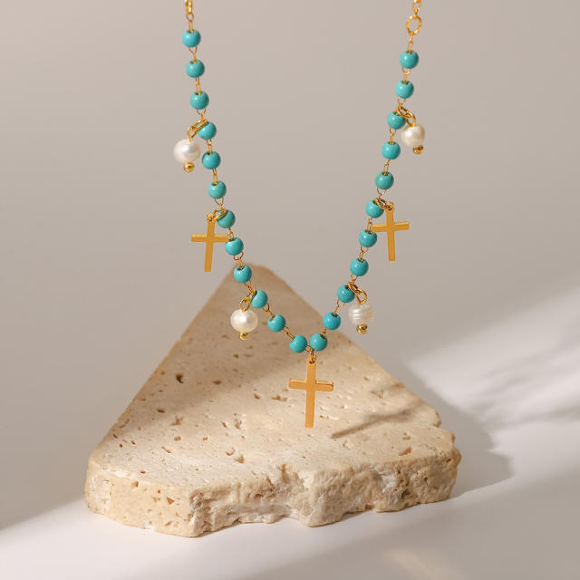 Blue beads cross tassel stainless steel necklace
