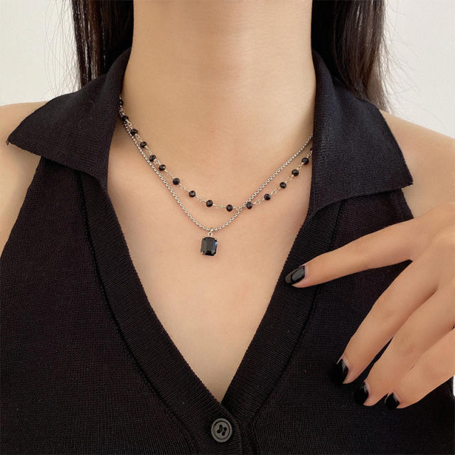 Super cool black color cyrstal beads two layer stainless steel necklace