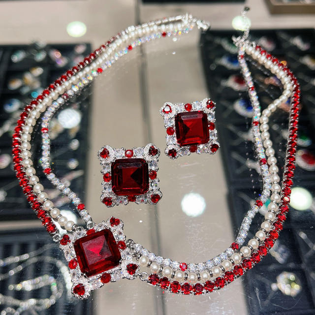 Vintage luxury ruby emerald statement choker necklace ear studs
