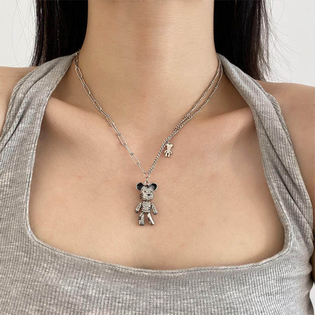 Funny pave setting bear pendant stainless steel necklace