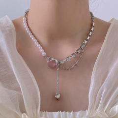 Fashion Pearl Pink purple loving heart zircon necklace