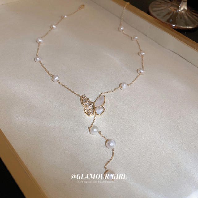 Real gold plated cubic zircon butterfly pearl lariet necklace