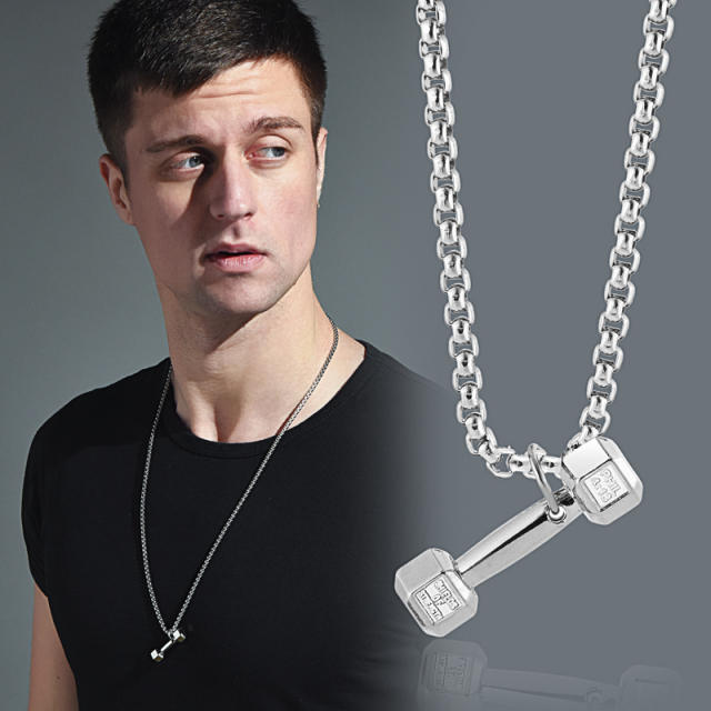 Stainless steel dumbbell pendant mens necklace