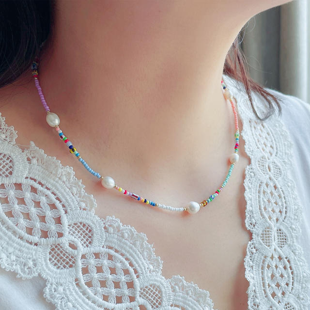 Summer design elegant color seed beads water pearl choker necklace