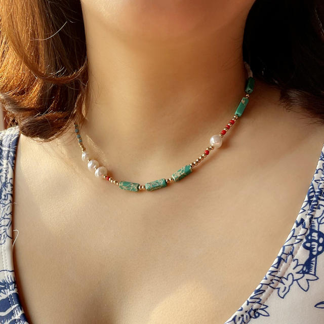 Boho water pearl green agate beads choker necklace