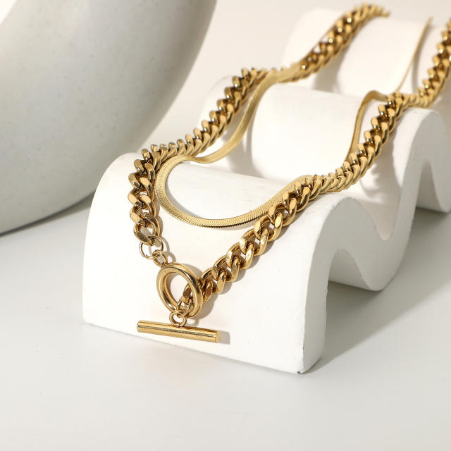 2 layer snake chain and cuban chain stainless steel necklace