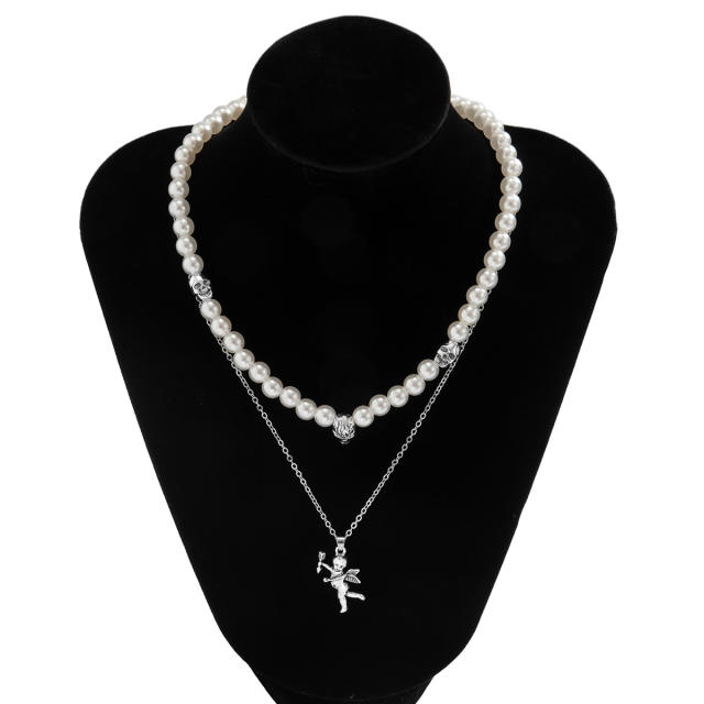 Occident fashion faux pearl skull heads two layer necklace for men