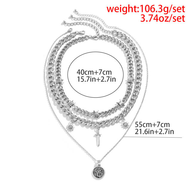 Silver color punk metal chain mens necklace set