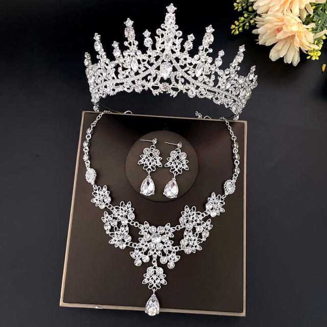 Luxury color rhinestone bridal crown necklace earring set