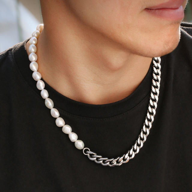 Hiphop pearl beads metal chain patchwork mens necklace