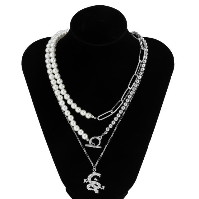 Diamond dragon pendant three layer pearl necklace for men