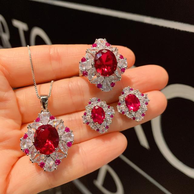 Vintage faux ruby crystal  statement neckalce earrings rings