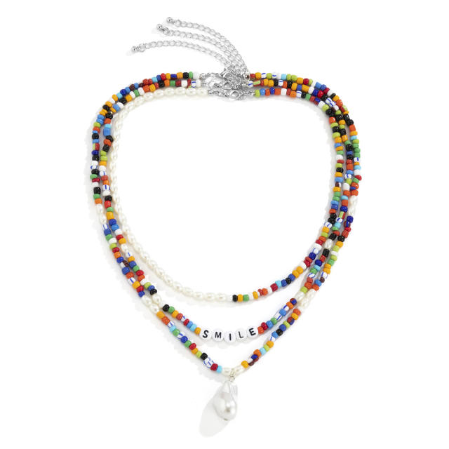 Boho three layer colorful seed beads mens necklace