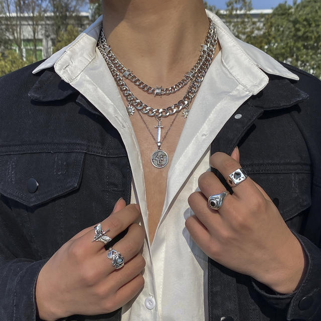 Silver color punk metal chain mens necklace set