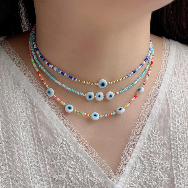 Boho color seed beads evil eye choker necklace