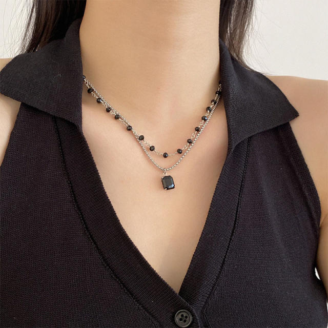 Super cool black color cyrstal beads two layer stainless steel necklace