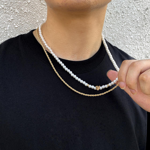 Faux pearl two layer necklace for men