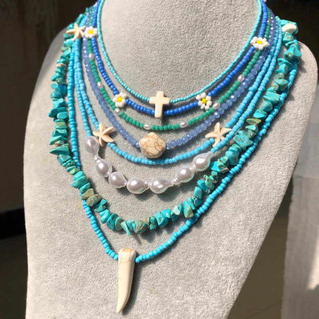 Boho handmade blue color seeds choker necklace