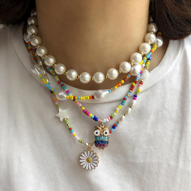 Korean fashion rhinestone owl flower pendant seed beads pearl necklace