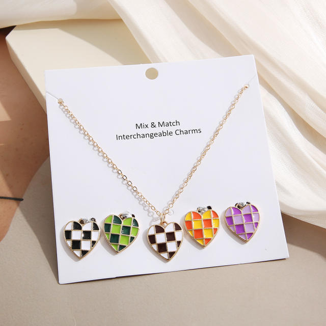 Enamel checkered heart pendant necklace set