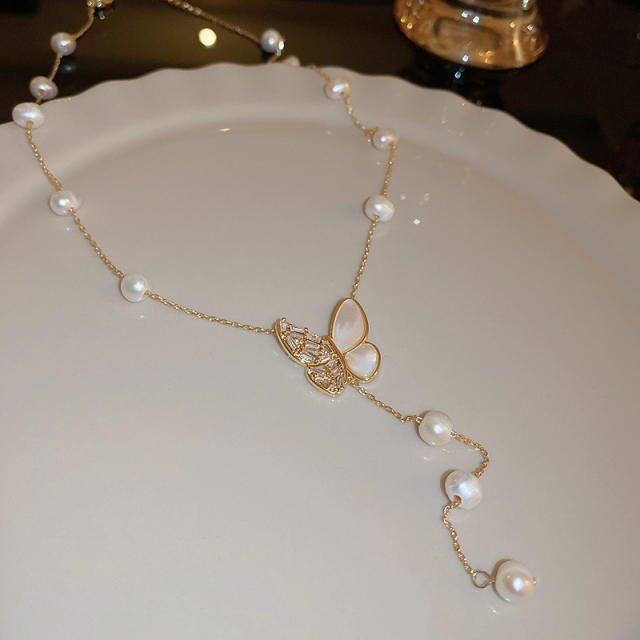 Real gold plated cubic zircon butterfly pearl lariet necklace